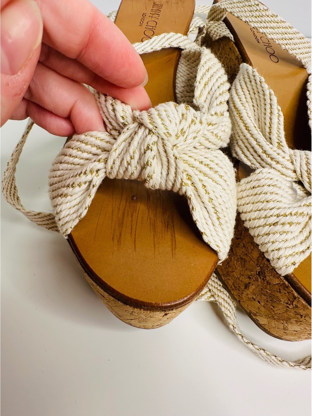 Jimmy Choo Cork Wedge Sandals Size 35 Ivory Gold Bow Lace Up Made Spain - Picture 8 of 9